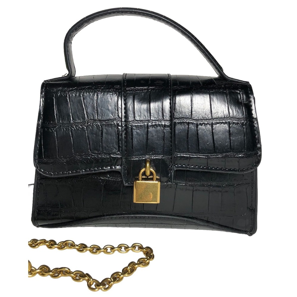 Minimalist Black Faux Croc Padlock Top Handle Bag Structured Chain Strap Mango